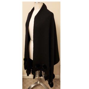 La Florentina Italy100% Wool with Fur Trim Oversized Wrap Scarf Black